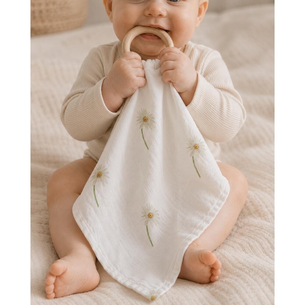Organic Lovey With Wooden Ring | Minimalist Daisy Teething Blanket